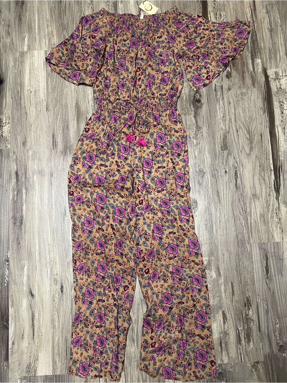 NWT Raga Anthropologie Kassie Floral Off-Shoulder Jumpsuit XS Boho Wide Leg